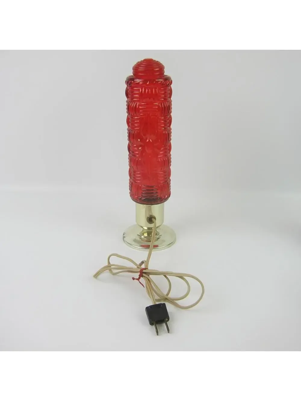 Vintage Torpedo Lamp Red Glass Basket Weave & Diamond Gold Base Art Deco WORKING